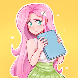 Size: 1024x1024 | Tagged: safe, artist:lorepeepsblue, fluttershy, human, equestria girls, blushing, book, clothes, cute, female, heart, human coloration, humanized, pixiv, shyabetes, simple background, skirt, solo, white outline, yellow background