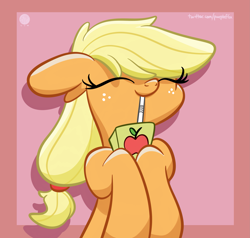 Size: 2693x2560 | Tagged: safe, artist:kimjoman, derpibooru import, applejack, earth pony, pony, apple juice, cute, drink, drinking, female, floppy ears, hatless, high res, hooves to the chest, jackabetes, juice, juice box, mare, missing accessory, solo, straw