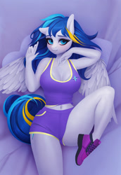 Size: 1181x1714 | Tagged: safe, artist:frieder1, oc, oc only, anthro, pegasus, plantigrade anthro, anthro oc, bedroom eyes, belly button, blushing, breasts, cleavage, clothes, cute, female, gym shorts, looking at you, lying on bed, mare, midriff, shoes, shorts, sneakers, solo, sports shorts, tail, tanktop, tomboy, wings, ych result