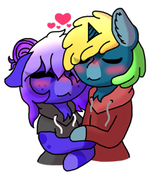 Size: 661x764 | Tagged: safe, artist:pastelrose25, oc, oc:blue-moon, oc:night-sky, hybrid, pony, unicorn, blushing, couple, cuddling, cute, heart, ponysona, shipping, simple background, snuggling, transparent background