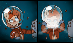 Size: 1894x1105 | Tagged: safe, artist:rexyseven, oc, oc only, oc:rusty gears, earth pony, pony, astronaut, female, freckles, heterochromia, imminent death, kerbal space program, mare, no pupils, screw, solo, space, spacesuit, this will end in death, this will end in tears, this will end in tears and/or death, too dumb to live, vacuum, wrench