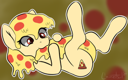 Size: 1392x870 | Tagged: safe, artist:llametsul, oc, oc only, oc:mozzarella orgy, food pony, original species, pizza pony, pony, atg 2020, autocannibalism, biting, cannibalism, cute, cutie mark, female, food, holding tail, legs in air, mare, newbie artist training grounds, nom, ocbetes, on back, pizza, ponified, simple background, solo, tail bite