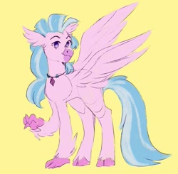 Size: 953x934 | Tagged: safe, artist:taikochann, silverstream, classical hippogriff, hippogriff, cute, diastreamies, female, jewelry, looking at you, necklace, no pupils, raised leg, simple background, smiling, solo, spread wings, talons, wings, yellow background