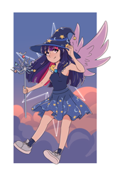 Size: 876x1374 | Tagged: safe, artist:wilage, twilight sparkle, twilight sparkle (alicorn), alicorn, human, abstract background, cloud, cute, cutie mark, eyebrows visible through hair, female, flying, hat, humanized, sky, solo, spread wings, staff, star swirl the bearded costume, tree of harmony, twiabetes, winged humanization, wings, wizard hat
