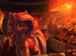 Size: 2943x2137 | Tagged: safe, artist:koviry, oc, oc only, oc:claire, earth pony, pony, unicorn, bread, clothes, commission, food, lightbulb, market