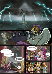 Size: 3541x5016 | Tagged: safe, artist:alexvanarsdale, artist:lummh, queen novo, hippogriff, comic:twist of faith, my little pony: the movie, absurd resolution, airship, armor, background hippogriff, comic, female, fight, lightning, male, mount aris, speech bubble, storm, storm guard, storm king's emblem, storm king's ship, wings