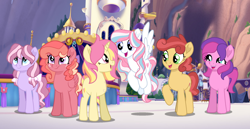 Size: 1280x660 | Tagged: safe, artist:bi-refly, oc, oc only, oc:cherry icing, oc:lickety split, oc:skywishes, oc:smitten kitten, oc:starcatcher, oc:sunny rays, earth pony, pegasus, pony, unicorn, base used, canterlot, female, magical lesbian spawn, mare, next generation, offspring, parent:big macintosh, parent:double diamond, parent:fluttershy, parent:pinkie pie, parent:princess cadance, parent:rainbow dash, parent:rarity, parent:sunburst, parent:twilight sparkle, parent:unknown, parents:cadmac, parents:cherryjack, parents:doubledash, parents:raripie, parents:twiburst