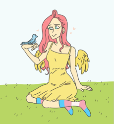 Size: 495x539 | Tagged: safe, artist:kiaranator, fluttershy, bird, human, bird on hand, blushing, clothes, cute, dress, female, heart, humanized, no pupils, pride, pride flag, shyabetes, sitting, socks, solo, striped socks, trans pride flag, transgender, transgender pride flag, winged humanization, wings