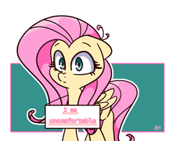 Size: 1500x1210 | Tagged: safe, alternate version, artist:lou, derpibooru import, fluttershy, pegasus, pony, cute, female, floppy ears, looking at you, mare, shyabetes, sign, solo, uncomfortable