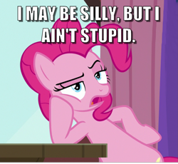 Size: 1183x1089 | Tagged: safe, derpibooru import, edit, edited screencap, screencap, pinkie pie, earth pony, pony, a trivial pursuit, caption, cropped, image macro, leaning, meme, solo, text