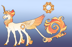 Size: 5100x3300 | Tagged: safe, artist:turnipberry, oc, oc only, oc:gilded mirror, pony, unicorn, blue background, cloven hooves, colored fetlocks, crooked horn, cutie mark, gradient background, horn, leonine tail, magical lesbian spawn, male, offspring, parent:princess celestia, parent:sunset shimmer, parents:sunsestia, simple background, solo, tail feathers, unshorn fetlocks