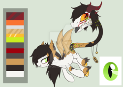 Size: 800x567 | Tagged: safe, artist:glitterring, oc, oc only, monster pony, original species, plant pony, augmented tail, bat wings, cow plant pony, deviantart watermark, fangs, female, hoof fluff, hoof polish, horn, obtrusive watermark, plant, reference sheet, simple background, slit eyes, tongue out, watermark, wings