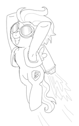 Size: 461x733 | Tagged: safe, artist:anonymous, scootaloo, pegasus, pony, armpits, black and white, cute, cutealoo, female, filly, grayscale, jetpack, monochrome, simple background, solo, white background