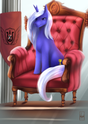 Size: 1524x2124 | Tagged: safe, artist:c_vonbear, oc, oc only, oc:platinum chalice, unicorn, bust, commission, family crest, female, mare, portrait, sitting