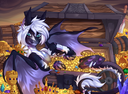 Size: 2344x1722 | Tagged: safe, artist:magicbalance, oc, oc only, dracony, dragon, hybrid, pony, chest, commission, crown, dragon wings, gold, jewelry, male, rcf community, regalia, solo, spread wings, treasure, wings, ych result