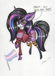 Size: 1280x1752 | Tagged: safe, artist:luxiwind, oc, oc:mélodie pure, unicorn, clothes, cute, female, french text, heterochromia, horn, horn piercing, piercing, pride, pride flag, socks, sweater, transgender pride flag