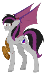 Size: 2524x3772 | Tagged: safe, oc, oc only, bat pony, pony, robot, angry, bat wings, blood, colored, commission, commissions open, cut, cutie mark, flat colors, fullbody, main, robotic arm, simple background, solo, tail, transparent background, wings