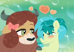 Size: 1412x992 | Tagged: safe, artist:purfectprincessgirl, sandbar, yona, earth pony, pony, yak, abstract background, blushing, bow, cloven hooves, commission, cute, female, floating heart, hair bow, heart, holding hooves, interspecies, lidded eyes, looking at each other, male, monkey swings, sandabetes, shipping, smiling, straight, yonabar, yonadorable