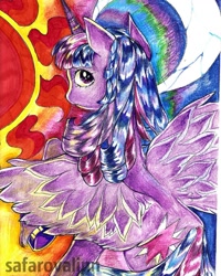 Size: 1080x1351 | Tagged: safe, artist:lloline, twilight sparkle, twilight sparkle (alicorn), alicorn, pony, colored hooves, crescent moon, female, looking back, mare, moon, solo, sun, traditional art