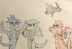 Size: 590x402 | Tagged: safe, artist:whistle blossom, garble, princess ember, smolder, spike, oc, oc:moonstone the dragon, dragon, baby, baby dragon, crossed arms, cute, dragoness, emberbetes, female, flying, gardorable, hand on hip, looking at you, male, one eye closed, simple background, smiling, smiling at you, smolderbetes, spikabetes, teenaged dragon, teenager, thumbs up, traditional art, waving, white background, winged spike, wink