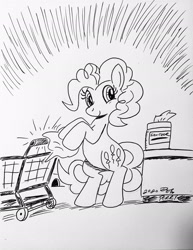 Size: 1584x2048 | Tagged: safe, artist:debmervin, derpibooru import, pinkie pie, earth pony, pony, black and white, cleaning, female, grayscale, mare, monochrome, paper, safety, sanitizing wipes, shopping cart, simple background, smiling, solo, traditional art, white background