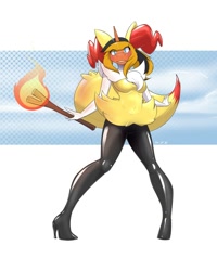 Size: 1024x1280 | Tagged: safe, artist:helixjack, oc, oc only, oc:help desk, anthro, plantigrade anthro, unicorn, braixen, clothes, cosplay, costume, female, high heels, horn, latex, latex suit, pokémon, shoes, smiling, stick, torch, unicorn oc