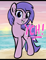 Size: 1536x2000 | Tagged: safe, artist:lannielona, pony, advertisement, beach, commission, female, hoofprints, looking at you, mare, ocean, sand, smiling, solo, sun, sunset, your character here