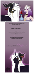 Size: 825x1731 | Tagged: safe, artist:theblackcatstale, oc, oc only, oc:calamity, oc:pale rose, draconequus, unicorn, fallout equestria, ask, dialogue, draconequus oc, ear piercing, earring, female, flower, horn, jewelry, male, mare, piercing, rose, simple background, transparent background, unicorn oc