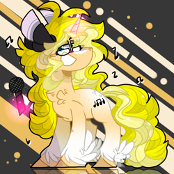 Size: 2000x2000 | Tagged: safe, artist:jxst-starly, oc, oc:songheart, unicorn, abstract background, fanart, magic, microphone, music notes, musical instrument, redraw, singing, solo