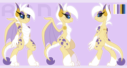 Size: 4219x2269 | Tagged: safe, artist:pearlyiridescence, oc, oc only, oc:renapony, anthro, dragon, black sclera, claws, dragoness, dragonified, female, horns, reference sheet, smiling, solo, species swap, turnaround, wings