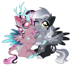 Size: 732x672 | Tagged: safe, artist:unoriginai, oc, oc only, oc:phosphorus, oc:powdered donut, draconequus, hybrid, cloven hooves, cute, extra legs, hug, interspecies offspring, looking at you, magical threesome spawn, offspring, parent:derpy hooves, parent:discord, parent:fluttershy, parent:lord tirek, parent:twilight sparkle, parents:derprek, parents:twishycord, simple background, transparent background