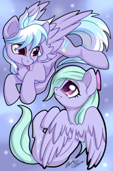 Size: 1816x2753 | Tagged: safe, artist:gleamydreams, cloudchaser, flitter, pegasus, pony, bow, cute, cutechaser, duo, duo female, female, flitterbetes, flying, mare, multiple characters, playing, siblings, signature, sisters, smiling, tongue out, twins, wings