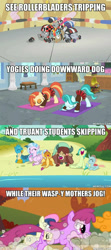 Size: 600x1348 | Tagged: safe, edit, edited screencap, screencap, berry punch, berryshine, bon bon, carrot top, gallus, golden harvest, lighthoof, ocellus, sandbar, shimmy shake, silverstream, smolder, sweetie drops, yona, 2 4 6 greaaat, call of the cutie, fall weather friends, school daze, caption, central park, image macro, student six, text