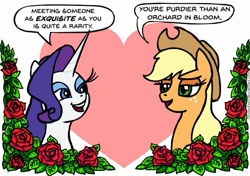 Size: 595x418 | Tagged: safe, artist:gingerfoxy, artist:thorned rose ninja, derpibooru import, applejack, rarity, earth pony, pony, unicorn, bed of roses, female, flower, heart, horn, lesbian, long horn, pony couple generator, pun, rarijack, rose, shipping