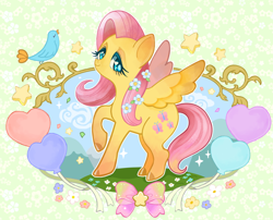 Size: 850x688 | Tagged: safe, artist:kuna4ri, derpibooru import, fluttershy, bird, pegasus, pony, balloon, cloud, colored pupils, cute, female, flower, flower in hair, grass, heart, heart balloon, hill, looking at you, mare, raised hoof, ribbon, shyabetes, sky, solo, spread wings, wings