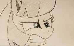 Size: 2048x1271 | Tagged: safe, artist:polar_storm, coco pommel, earth pony, pony, angry, blue eyes, female, furious, mare, monochrome, neo noir, partial color, simple background, solo, traditional art, white background