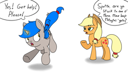 Size: 1920x1080 | Tagged: safe, artist:spritepony, derpibooru import, applejack, oc, oc:sprite, alicorn, earth pony, pony, alicorn oc, horn, magic, newbie artist training grounds, simple background, speech bubble, stuck, talking, tripping, wings