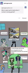 Size: 740x1923 | Tagged: safe, artist:ask-luciavampire, oc, oc:neon vibe, earth pony, pegasus, pony, unicorn, ask, tumblr, tumblr:ask-the-pony-gamers, video game