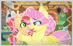 Size: 1555x988 | Tagged: safe, artist:princess3342ofc, derpibooru import, fluttershy, oc, pegasus, pony, baby, baby pony, base used, female, filly, fluttermom, fluttershy's cottage, foal, freckles, heart eyes, holding a pony, looking at each other, mother and child, mother and daughter, offspring, parent and child, parent:big macintosh, parent:fluttershy, parents:fluttermac, wingding eyes