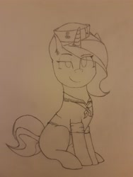 Size: 3024x4032 | Tagged: safe, artist:redcap, oc, oc:ardent florette, unicorn, clothes, female, hat, mare, missing cutie mark, navy, neckerchief, rolled up sleeves, sitting, smug, solo, traditional art, uniform