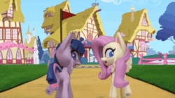 Size: 800x450 | Tagged: safe, derpibooru import, screencap, fluttershy, twilight sparkle, twilight sparkle (alicorn), alicorn, pegasus, pony, my little pony: pony life, my little pony: stop motion short, the great race (short), animated, close-up, flag, gif, house, looking back, ponyville, road, screaming, speed lines, stop motion, wings