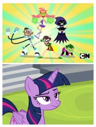 Size: 3106x4096 | Tagged: safe, screencap, twilight sparkle, twilight sparkle (alicorn), alicorn, horse play, beast boy, cyborg (teen titans), dc superhero girls, dick grayson, raven (teen titans), robin, starfire, teen titans, unamused