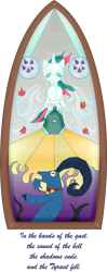 Size: 941x2370 | Tagged: safe, artist:maretrick, grogar, gusty, gusty the great, pony, sheep, unicorn, bell, duo, epitaph, female, grogar's bell, male, mare, ram, simple background, stained glass, transparent background