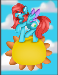 Size: 625x803 | Tagged: safe, artist:clairedaartiste444, oc, oc only, oc:cyan sunshine, pegasus, pony, ear piercing, earring, female, jewelry, necklace, pegasus oc, piercing, sky, solo, song reference, sun, tangible heavenly object, trotting, two toned wings, walking on sunshine, wings