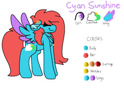 Size: 616x445 | Tagged: safe, artist:clairedaartiste444, oc, oc only, oc:cyan sunshine, pegasus, pony, ear piercing, earring, female, floppy ears, jewelry, necklace, pegasus oc, piercing, reference sheet, smiling, solo, two toned wings, wings