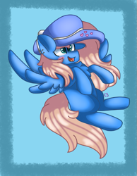 Size: 601x774 | Tagged: safe, artist:clairedaartiste444, oc, oc only, oc:scootalight heart, pegasus, pony, chest fluff, ear piercing, earring, hat, jewelry, pegasus oc, piercing, solo, wings