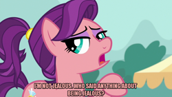 Size: 1280x720 | Tagged: safe, edit, edited screencap, editor:jaredking203, screencap, spoiled rich, earth pony, pony, where the apple lies, caption, eyeshadow, female, image macro, jealous, makeup, mare, meme, spoiled milk, text, younger