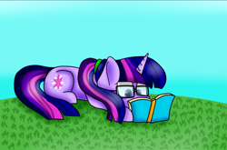 Size: 1210x801 | Tagged: safe, artist:clairedaartiste444, sci-twi, twilight sparkle, pony, unicorn, equestria girls, book, equestria girls ponified, glasses, grass, ponified, ponytail, reading, solo, unicorn sci-twi