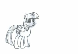 Size: 925x649 | Tagged: safe, artist:writepillar, twilight sparkle, twilight sparkle (alicorn), alicorn, pony, female, mare, monochrome, simple background, sketch, smiling, standing, traditional art, white background