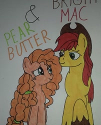 Size: 750x929 | Tagged: safe, artist:electric spark, bright mac, pear butter, earth pony, pony, the perfect pear, braid, brightbutter, cowboy hat, female, hat, looking at each other, male, mare, shipping, simple background, smiling, stallion, straight, text, traditional art, walking, white background